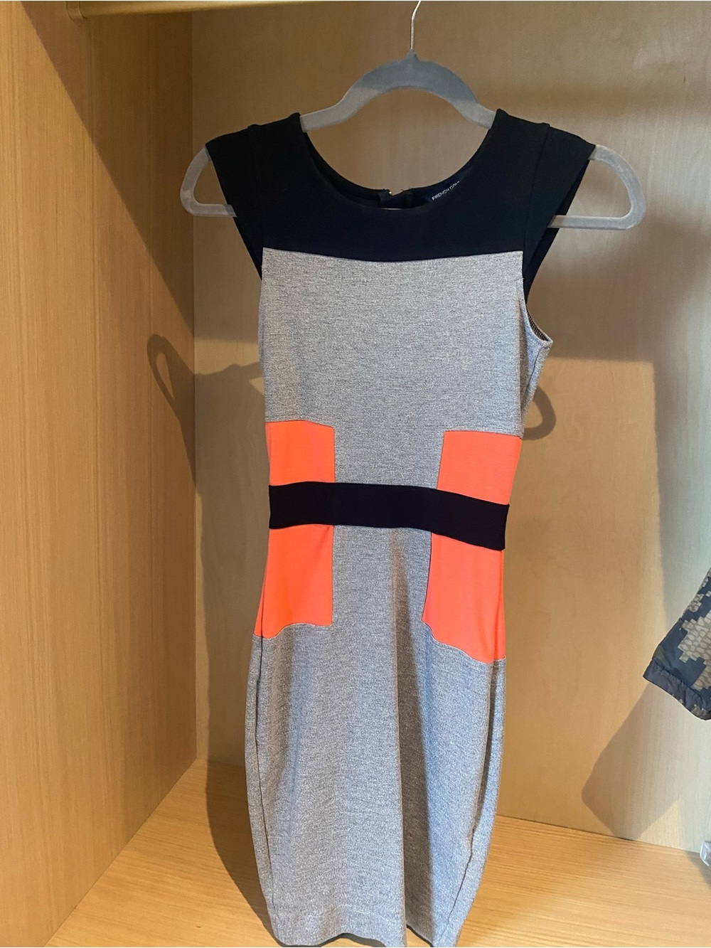 French Connection Gray Dress with Black & Neon Coral Panels